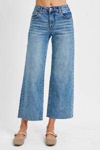 RISEN JEANS- Tummy Control Medium Wash Mid Rise Cropped wide leg jeans