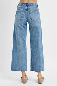 RISEN JEANS- Tummy Control Medium Wash Mid Rise Cropped wide leg jeans
