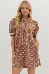 Eleanor - High Collared rust Floral textured short puff sleeve mini dress