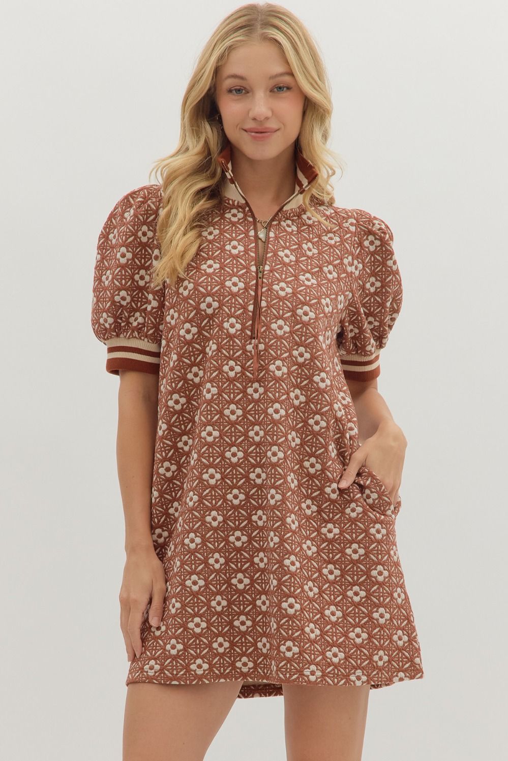 Eleanor - High Collared rust Floral textured short puff sleeve mini dress