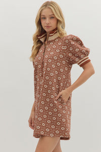 Eleanor - High Collared rust Floral textured short puff sleeve mini dress
