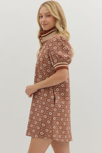 Eleanor - High Collared rust Floral textured short puff sleeve mini dress