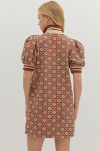 Eleanor - High Collared rust Floral textured short puff sleeve mini dress