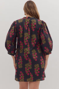 Tara- Red Black  Floral pattern band Collar V neck dress