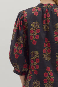 Tara- Red Black  Floral pattern band Collar V neck dress