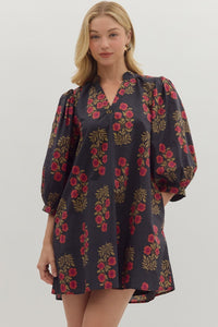 Tara- Red Black  Floral pattern band Collar V neck dress