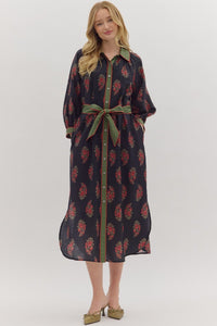 Elegant Botanical print midi contrast trim dress