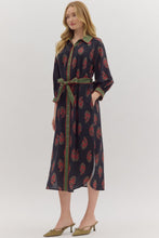 Load image into Gallery viewer, Elegant Botanical print midi contrast trim dress

