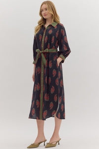 Elegant Botanical print midi contrast trim dress