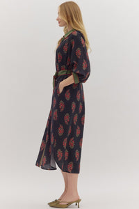 Elegant Botanical print midi contrast trim dress
