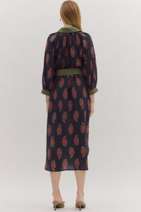 Elegant Botanical print midi contrast trim dress