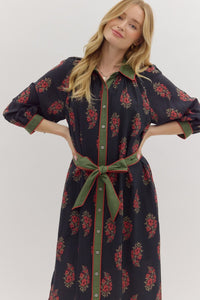 Elegant Botanical print midi contrast trim dress