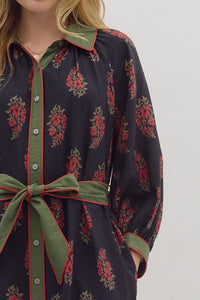 Elegant Botanical print midi contrast trim dress