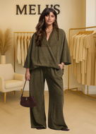 Plus Melisa- Olive Elegant ribbed two piece wide leg pants set