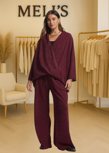 Melisa- Wine Elegant ribbed two piece wide leg pants set