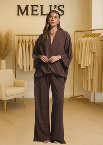 Melisa- Chocolate Elegant ribbed two piece wide leg pants set