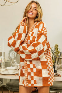 BIBI- Checkered oversized Rust  Cardigan