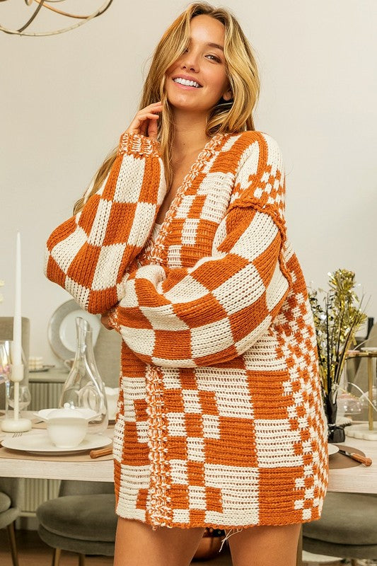 BIBI- Checkered oversized Rust  Cardigan