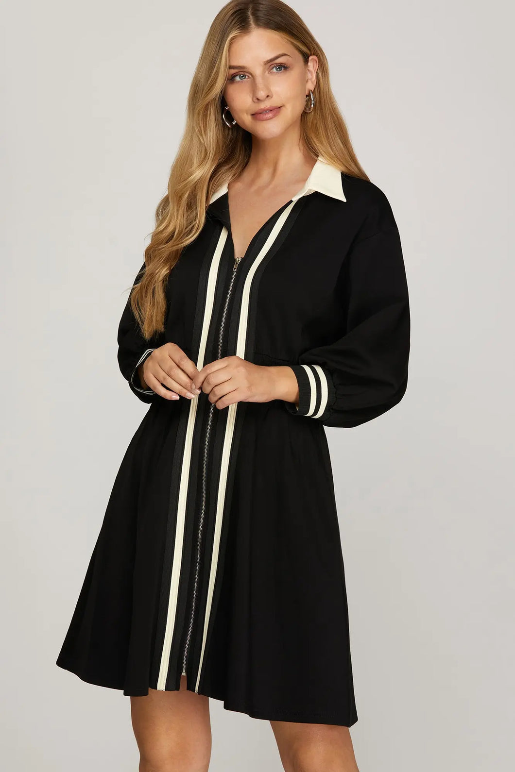 Lyndy- Black zipped front collared dress with white details
