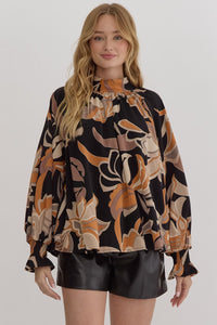 Black and Gold Printed mock neck long sleeve open back top
