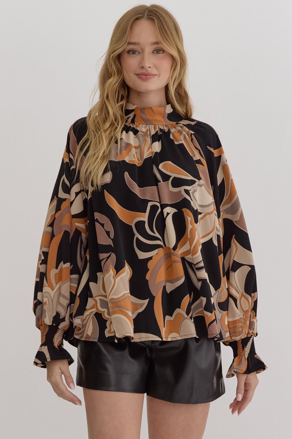 Black and Gold Printed mock neck long sleeve open back top