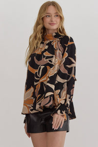 Black and Gold Printed mock neck long sleeve open back top