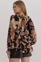 Load image into Gallery viewer, Black and Gold Printed mock neck long sleeve open back top
