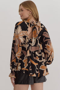 Black and Gold Printed mock neck long sleeve open back top