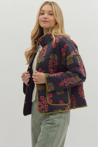Botanical long sleeve black quilted jacket