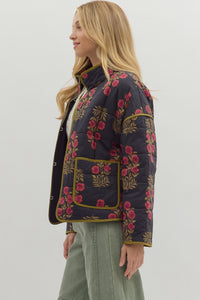 Botanical long sleeve black quilted jacket