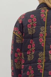 Botanical long sleeve black quilted jacket
