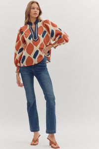 Autumn Muse warm dust and navy printed top