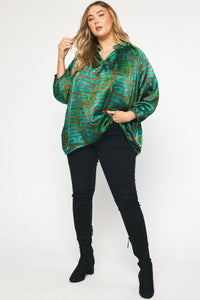 Plus Greenlee- green printed oversized ruffle detail top