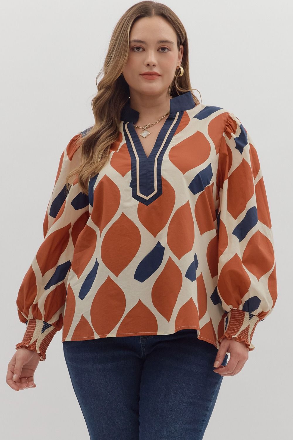 Plus Autumn Muse warm dust and navy printed top