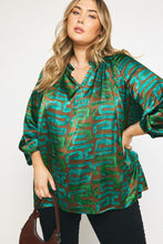 Load image into Gallery viewer, Plus Greenlee- green printed oversized ruffle detail top
