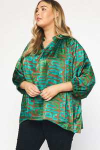 Plus Greenlee- green printed oversized ruffle detail top