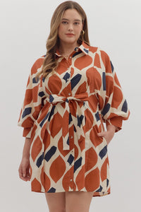 Plus November - Ecru/Rust printed collared button down dress