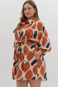 Plus November - Ecru/Rust printed collared button down dress