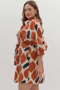 Plus November - Ecru/Rust printed collared button down dress