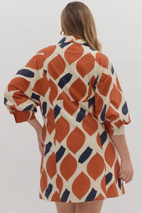 Plus November - Ecru/Rust printed collared button down dress
