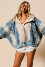 Load image into Gallery viewer, WINDY- washed denim / oatmeal fleece mix retro zip up hoodie jacket
