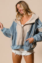 Load image into Gallery viewer, WINDY- washed denim / oatmeal fleece mix retro zip up hoodie jacket
