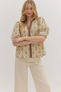 Ecru Botanical print contrast detail ruffle cuff top