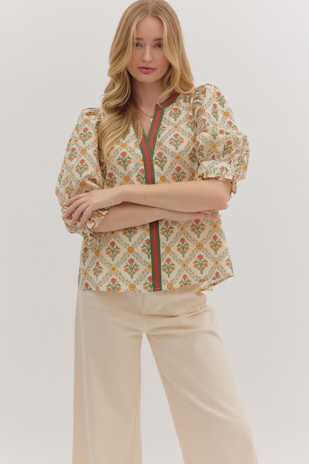 Ecru Botanical print contrast detail ruffle cuff top
