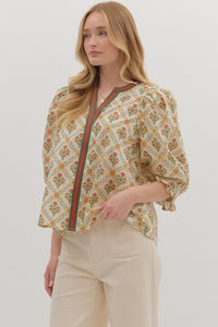 Ecru Botanical print contrast detail ruffle cuff top