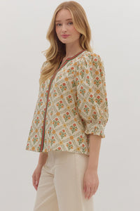 Ecru Botanical print contrast detail ruffle cuff top