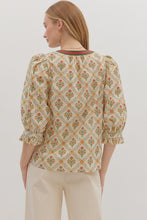Load image into Gallery viewer, Ecru Botanical print contrast detail ruffle cuff top
