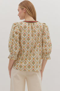 Ecru Botanical print contrast detail ruffle cuff top