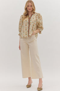 Ecru Botanical print contrast detail ruffle cuff top