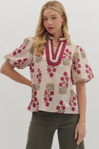 Botanical Garden- Ecru Floral print short bubble sleeve top